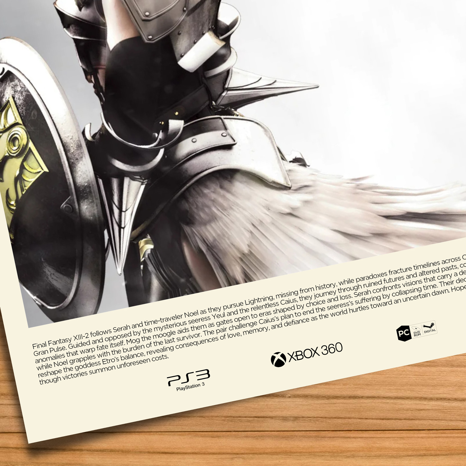 Minimalist, gallery-style Final Fantasy XIII-2 poster on a wood table background