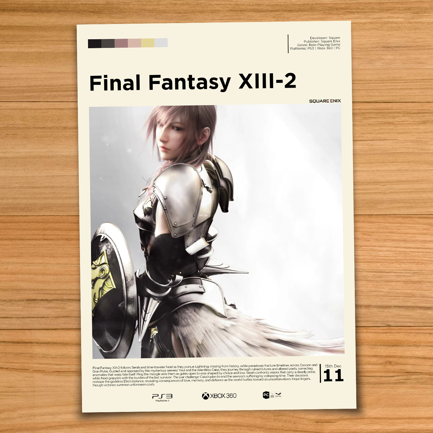 Minimalist, gallery-style Final Fantasy XIII-2 poster on a wood table background