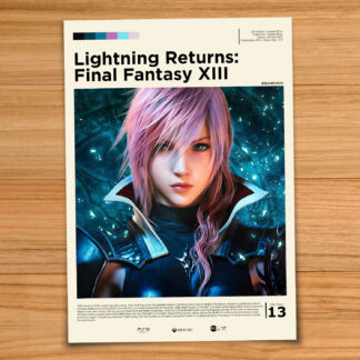 Minimalist, gallery-style Lightning Returns: Final Fantasy XIII poster on a wood table background