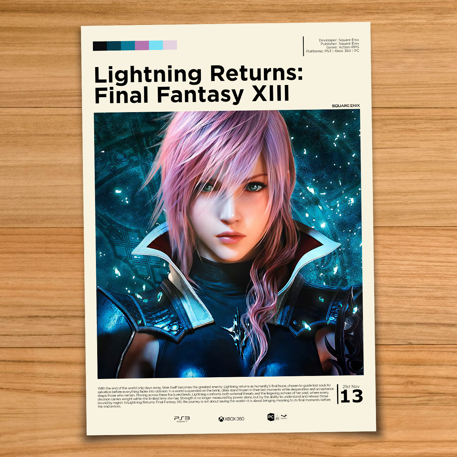 Minimalist, gallery-style Lightning Returns: Final Fantasy XIII poster on a wood table background