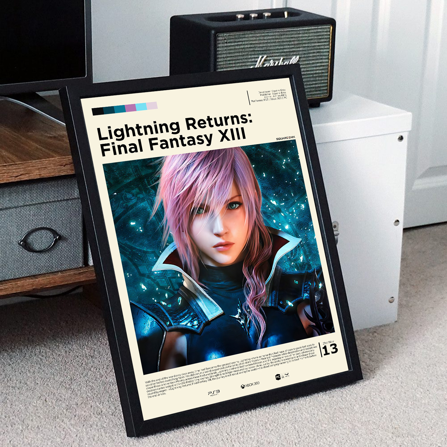 Minimalist, gallery-style Lightning Returns Final Fantasy XIII poster in a black frame leaning against a unit