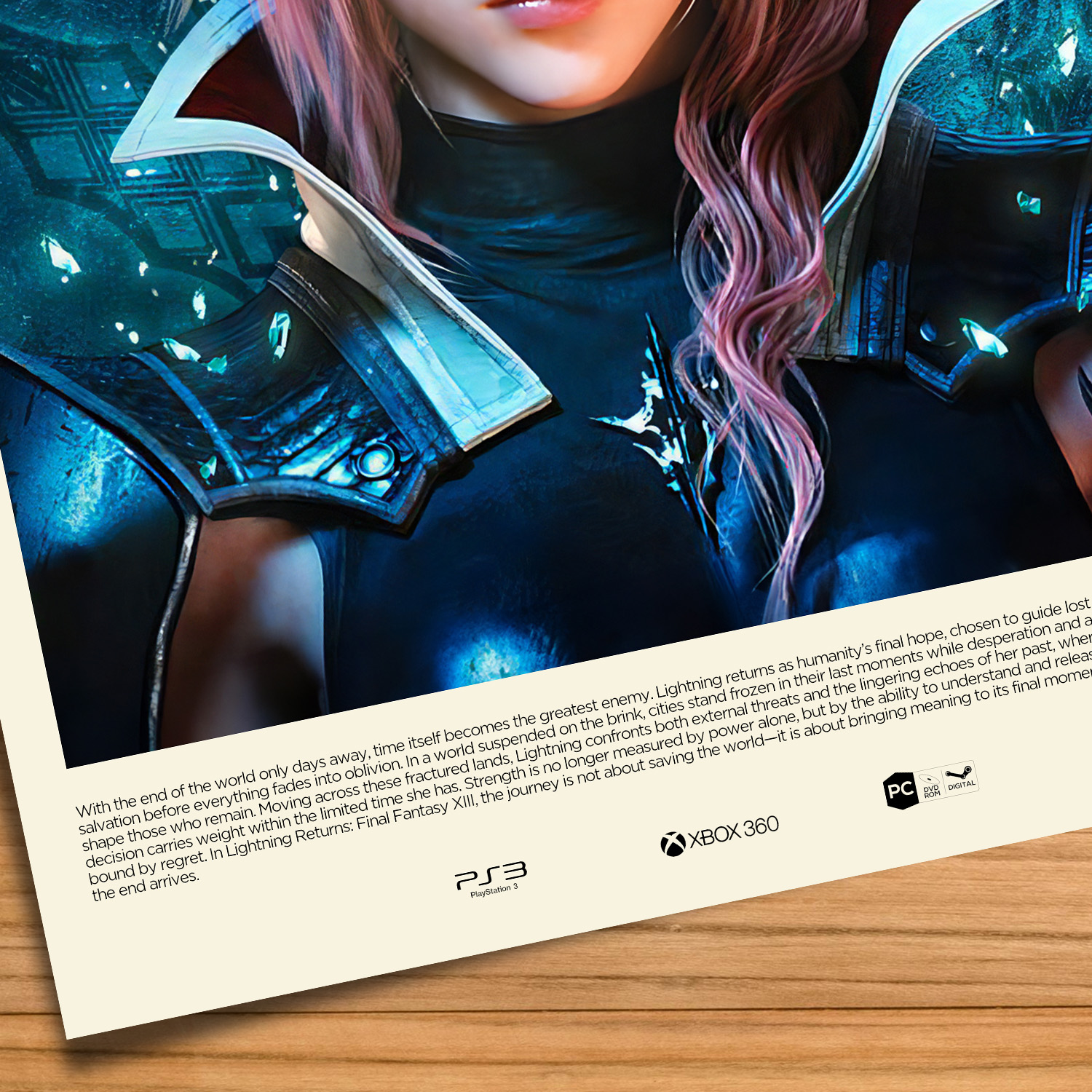 Minimalist, gallery-style Lightning Returns: Final Fantasy XIII poster on a wood table background
