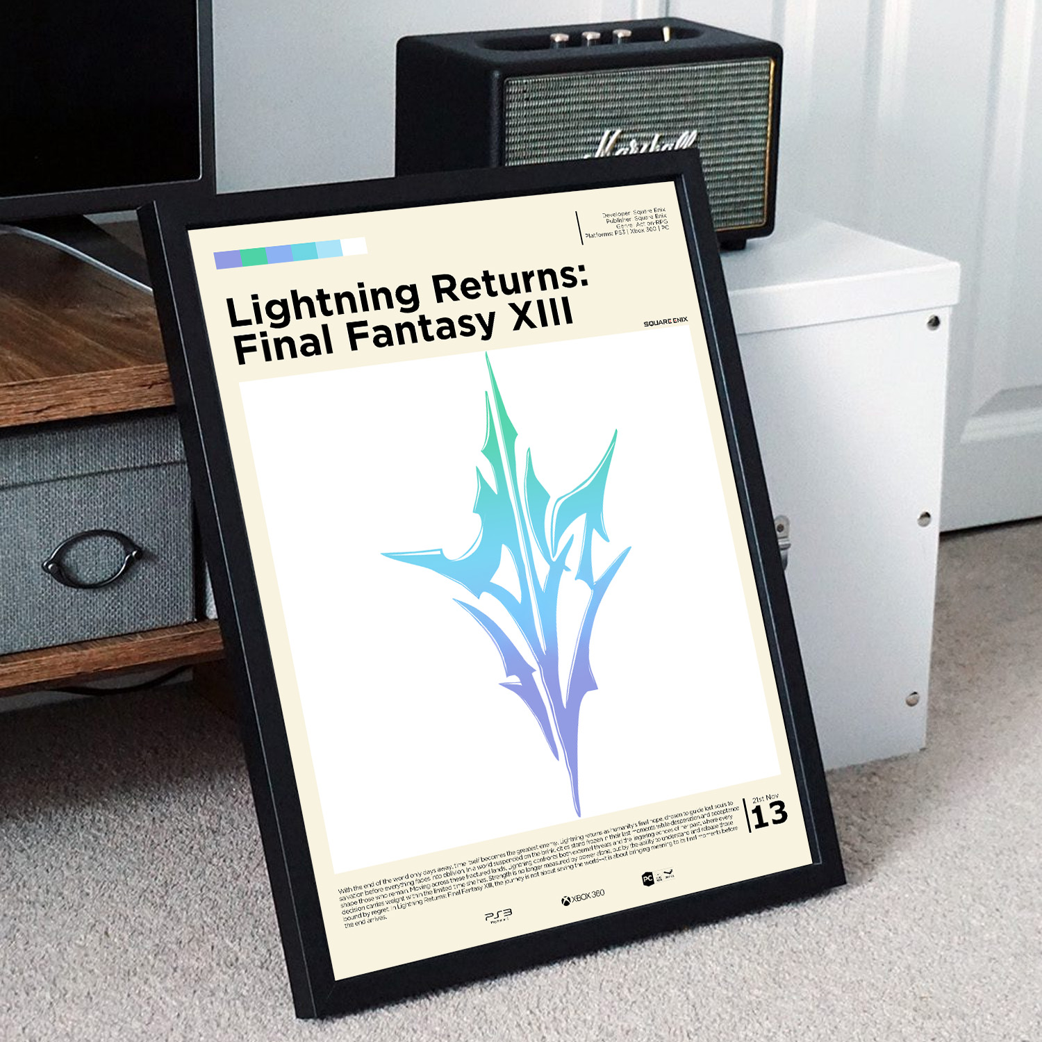 Minimalist, gallery-style Lightning Returns Final Fantasy XIII poster in a black frame leaning against a unit