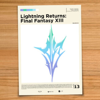 Minimalist, gallery-style Lightning Returns: Final Fantasy XIII poster on a wood table background