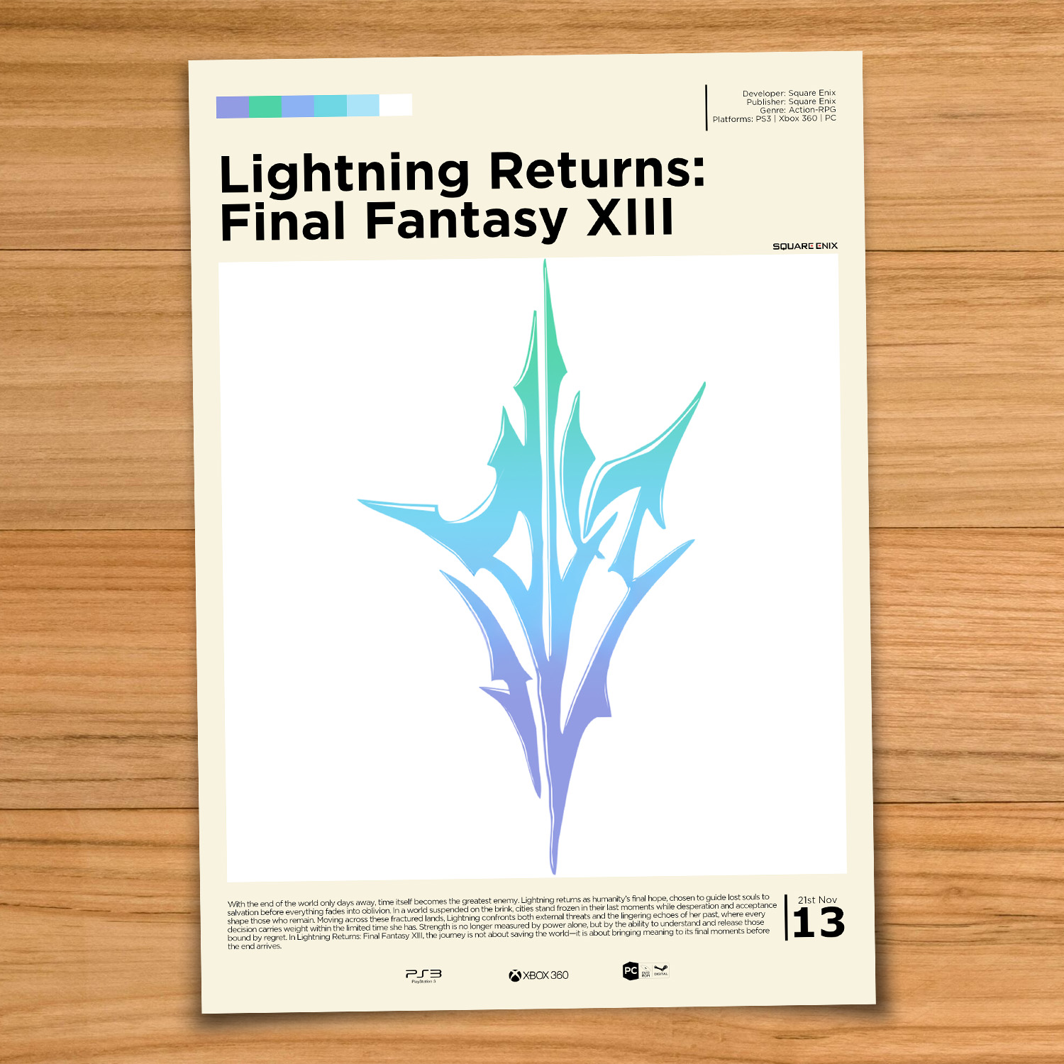 Minimalist, gallery-style Lightning Returns: Final Fantasy XIII poster on a wood table background