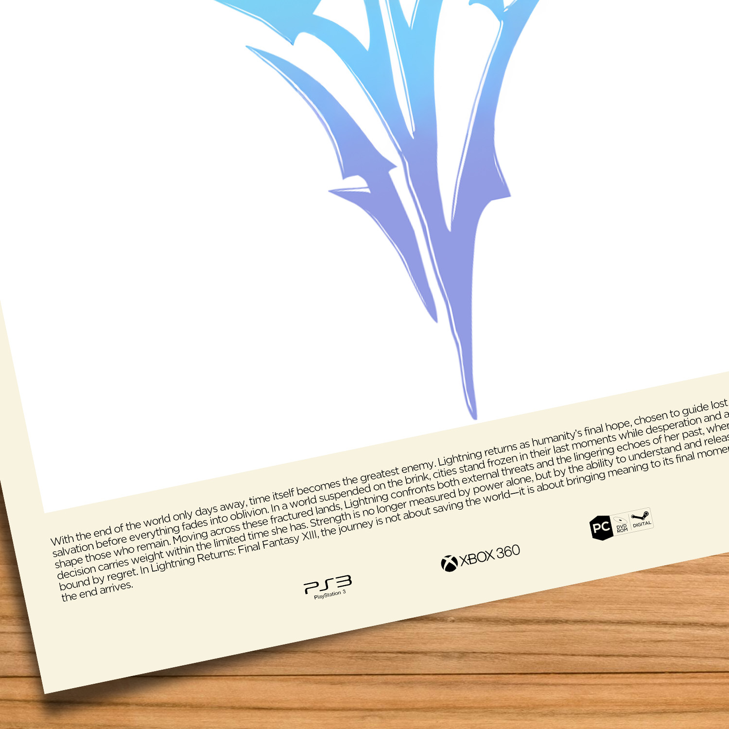 Minimalist, gallery-style Lightning Returns: Final Fantasy XIII poster on a wood table background