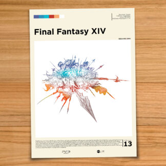 Minimalist, gallery-style Final Fantasy XIV poster on a wood table background