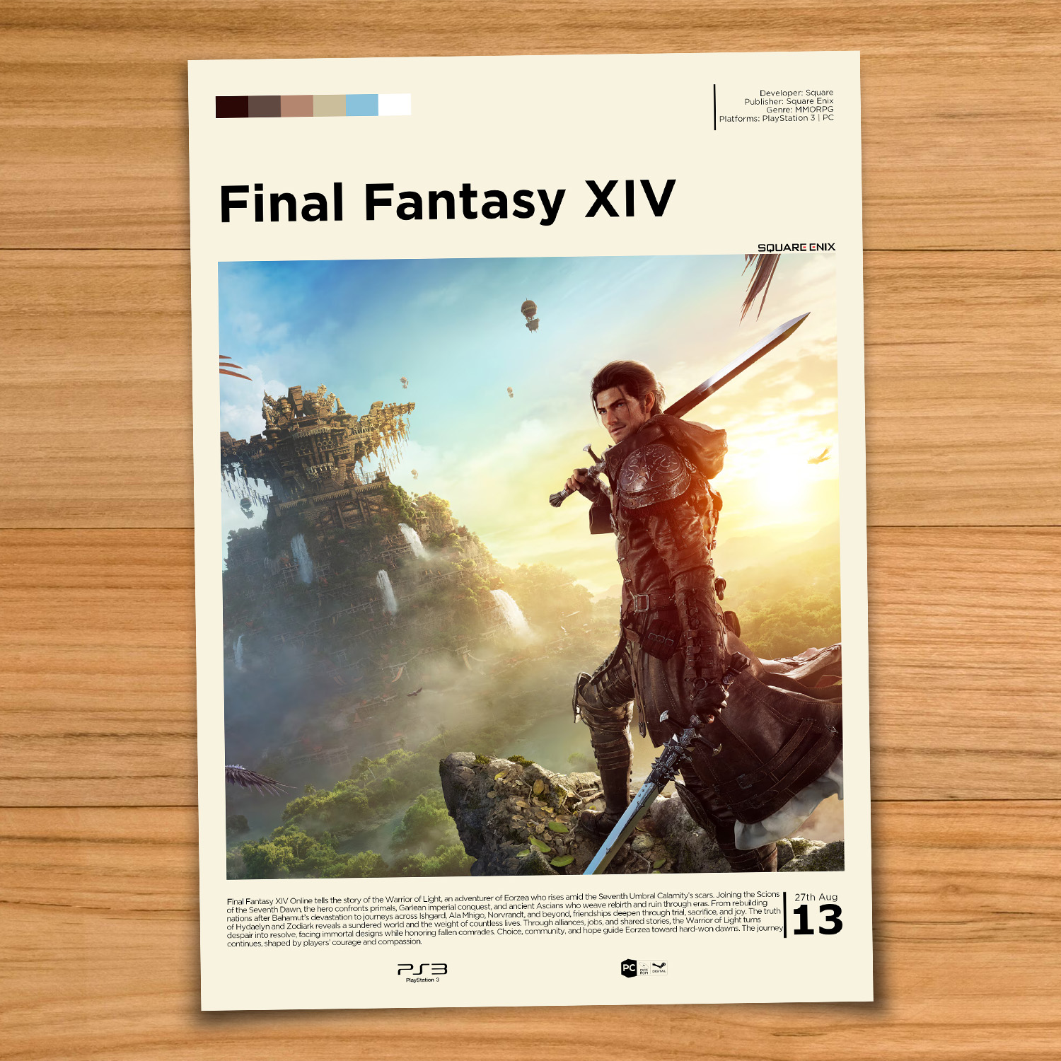 Minimalist, gallery-style Final Fantasy XIV poster on a wood table background