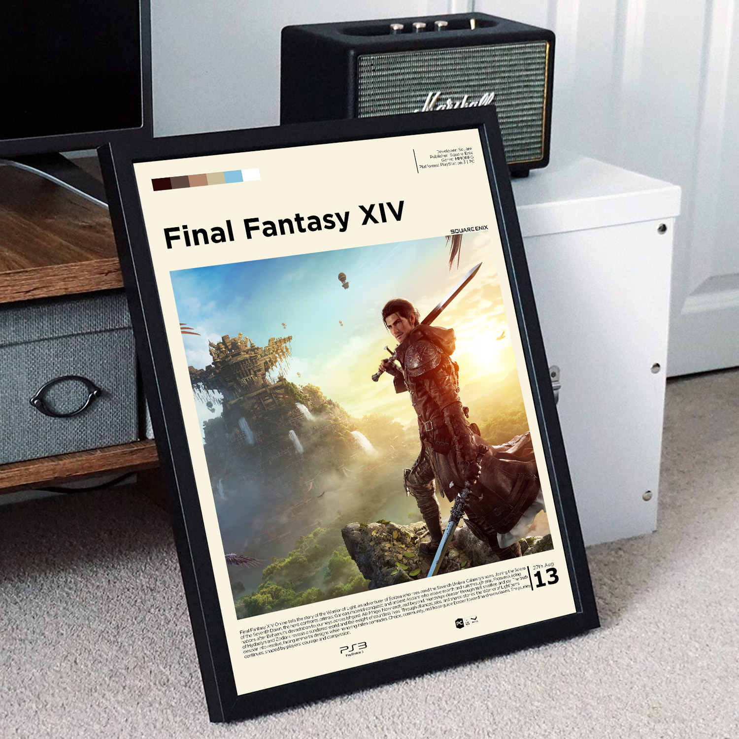 Minimalist, gallery-style Final Fantasy XIV poster in a black frame leaning against a unit