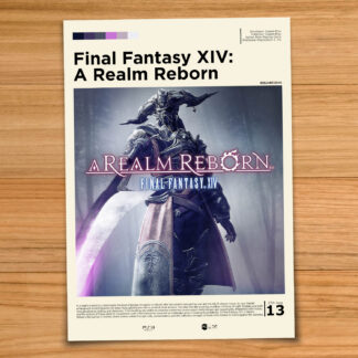 Minimalist, gallery-style Final Fantasy XIV poster on a wood table background