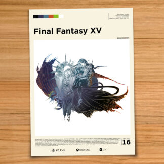 Minimalist, gallery-style Final Fantasy XV poster on a wood table background