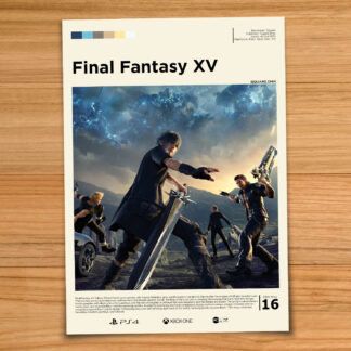 Minimalist, gallery-style Final Fantasy XV poster on a wood table background