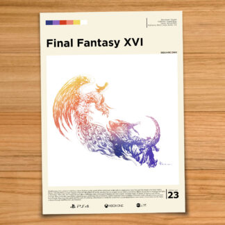 Minimalist, gallery-style Final Fantasy XVI poster on a wood table background