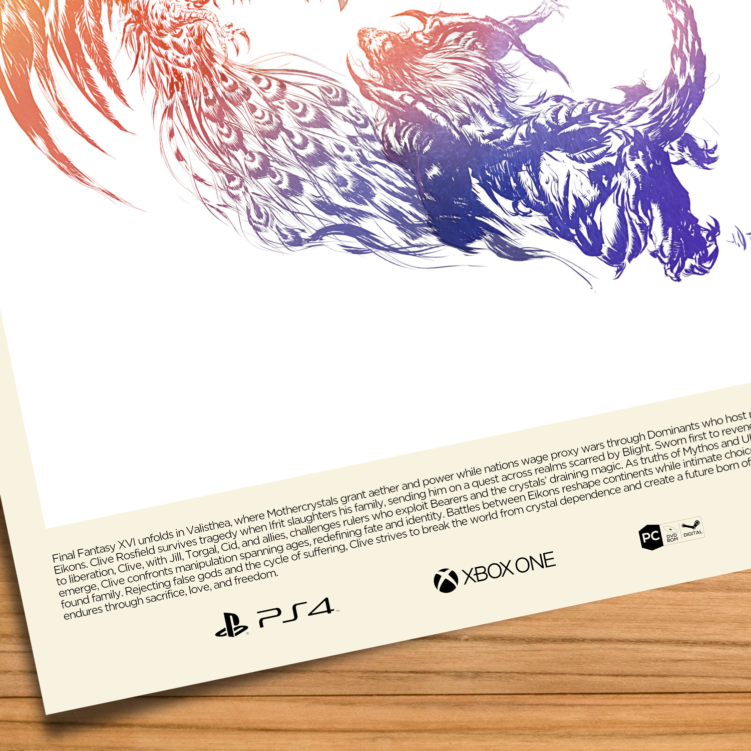 Minimalist, gallery-style Final Fantasy XVI poster on a wood table background