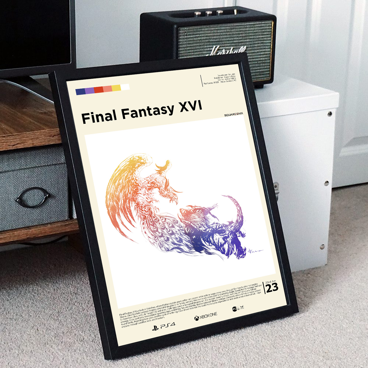 Minimalist, gallery-style Final Fantasy XVI poster in a black frame leaning against a unit