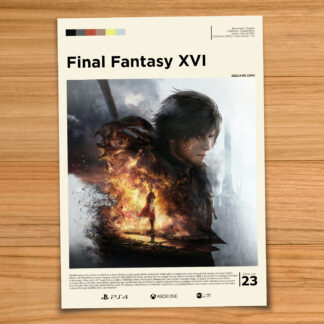 Minimalist, gallery-style Final Fantasy XVI poster on a wood table background