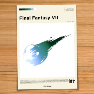 Minimalist, gallery-style Final Fantasy VII poster on a wood table background