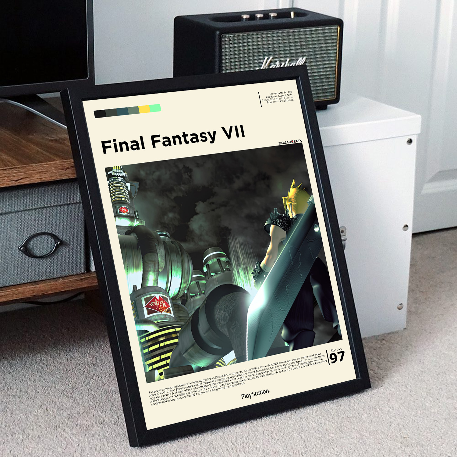Minimalist, gallery-style Final Fantasy VII poster in a black frame leaning against a unit