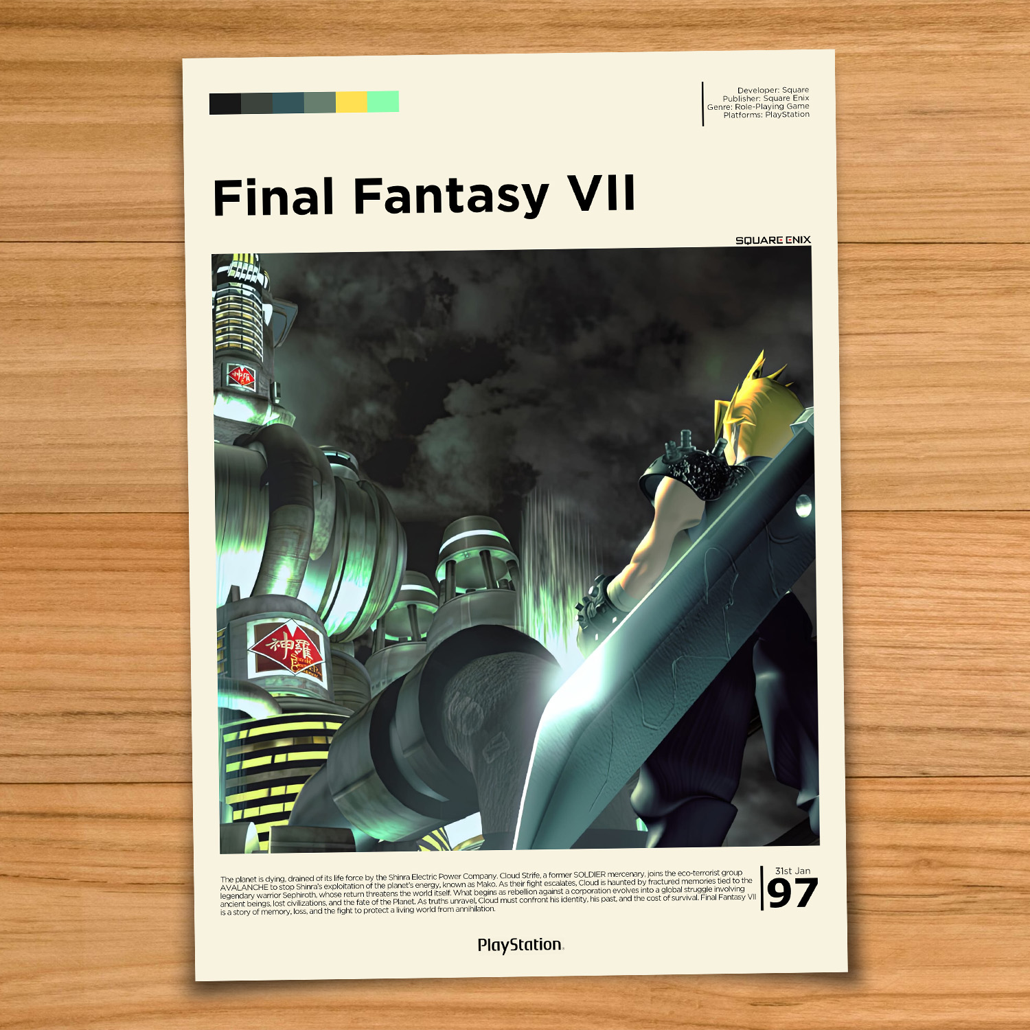 Minimalist, gallery-style Final Fantasy VII poster on a wood table background