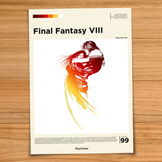 Minimalist, gallery-style Final Fantasy VIII poster on a wood table background