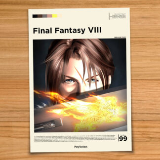 Minimalist, gallery-style Final Fantasy VIII poster on a wood table background