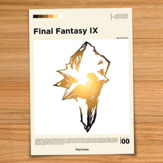 Minimalist, gallery-style Final Fantasy IX poster on a wood table background