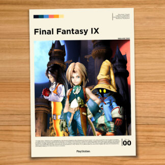 Minimalist, gallery-style Final Fantasy IX poster on a wood table background