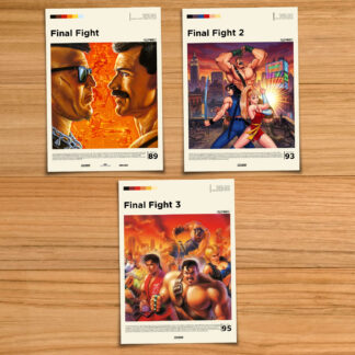 Minimalist, gallery-style Final Fight poster set, including 1, 2 and 3 key art style prints on a wood table background
