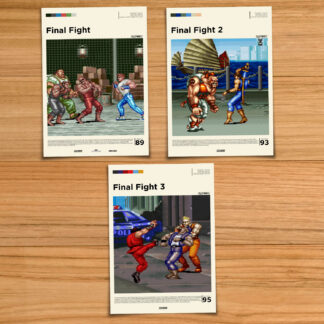 Minimalist, gallery-style Final Fight poster set, including 1, 2 and 3 gameplay style prints on a wood table background