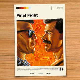 Minimalist, gallery-style Final Fight poster on a wood table background
