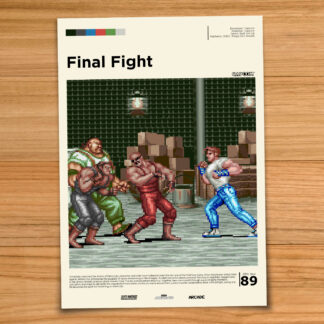 Minimalist, gallery-style Final Fight poster on a wood table background