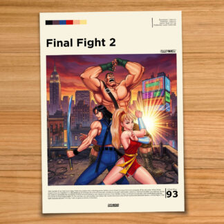 Minimalist, gallery-style Final Fight 2 poster on a wood table background