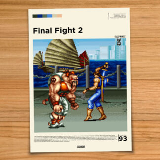 Minimalist, gallery-style Final Fight 2 poster on a wood table background