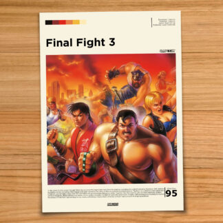 Minimalist, gallery-style Final Fight 3 poster on a wood table background