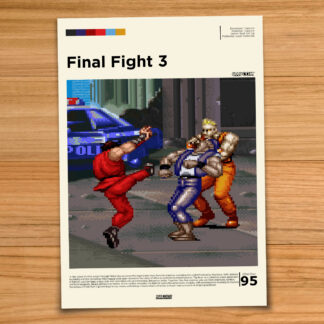 Minimalist, gallery-style Final Fight 3 poster on a wood table background