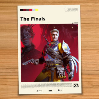 Minimalist, gallery-style The Finals poster on a wood table background