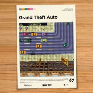 Minimalist, gallery-style GTA gameplay poster on a wood table background