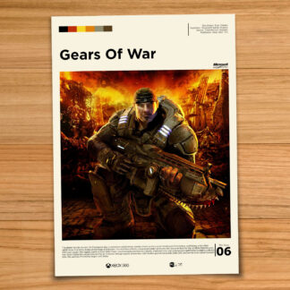 Minimalist, gallery-style Gears of War poster on a wood table background