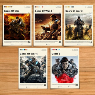 Minimalist, gallery-style Gears of War poster set, including 1, 2 ,3 , 4, 5 and Judgment key art style prints on a wood table background