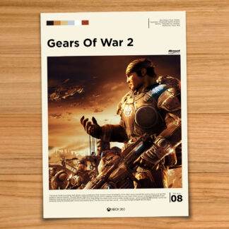 Minimalist, gallery-style Gears of War 2 poster on a wood table background