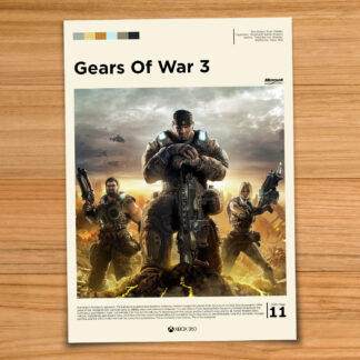 Minimalist, gallery-style Gears of War 3 poster on a wood table background