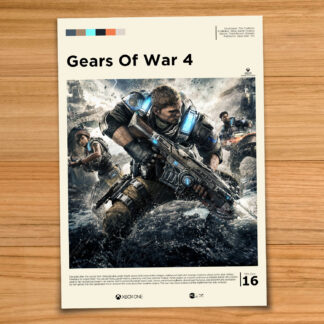 Minimalist, gallery-style Gears of War 4 poster on a wood table background