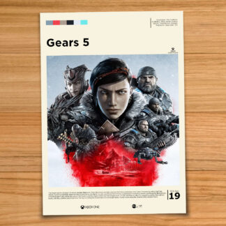 Minimalist, gallery-style Gears of War 5 poster on a wood table background