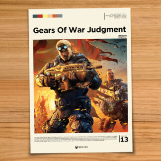 Minimalist, gallery-style Gears of War Judgment poster on a wood table background