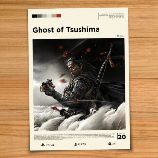 Minimalist, gallery-style Ghost of Tsushima poster on a wood table background