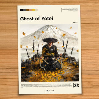 Minimalist, gallery-style Ghost of Yotei poster on a wood table background