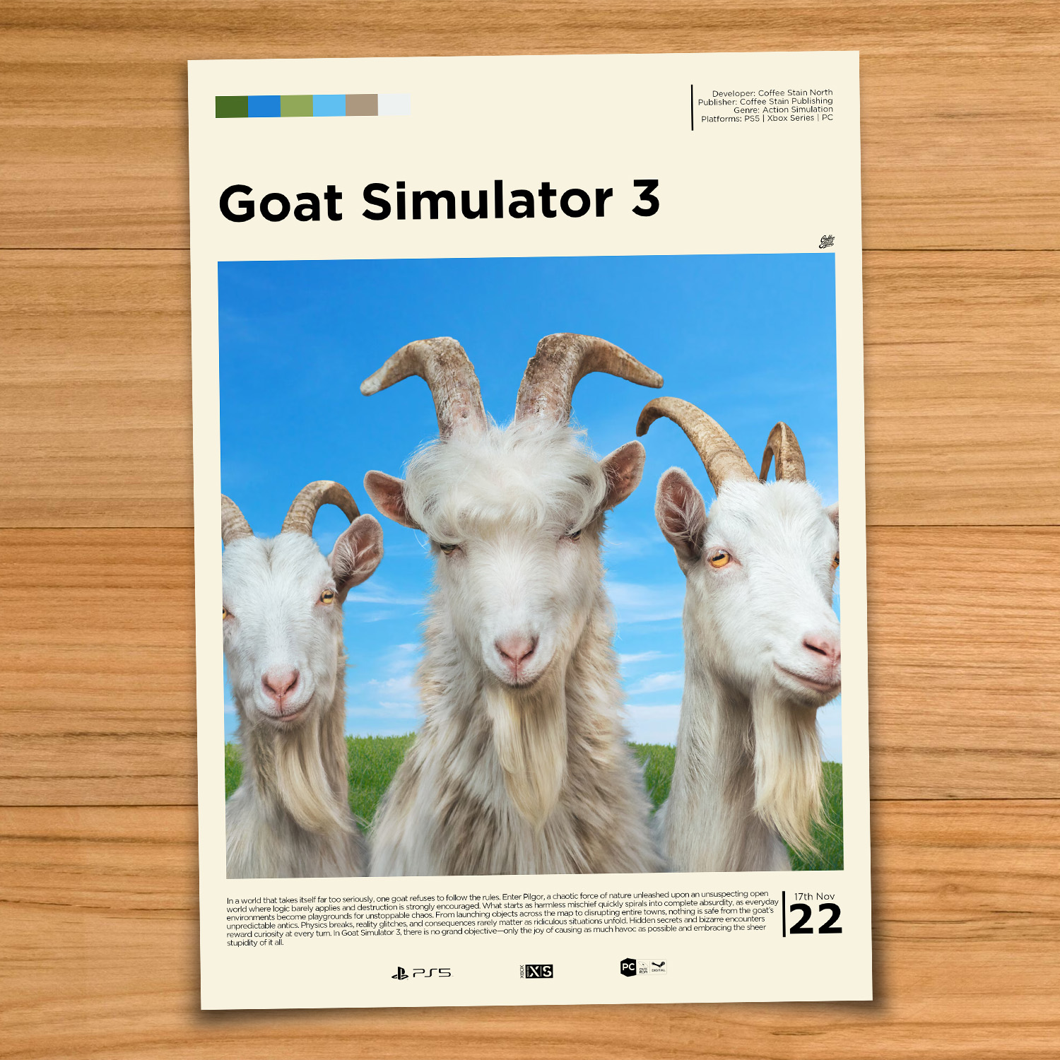 Minimalist, gallery-style Goat Simulator 3 poster on a wood table background