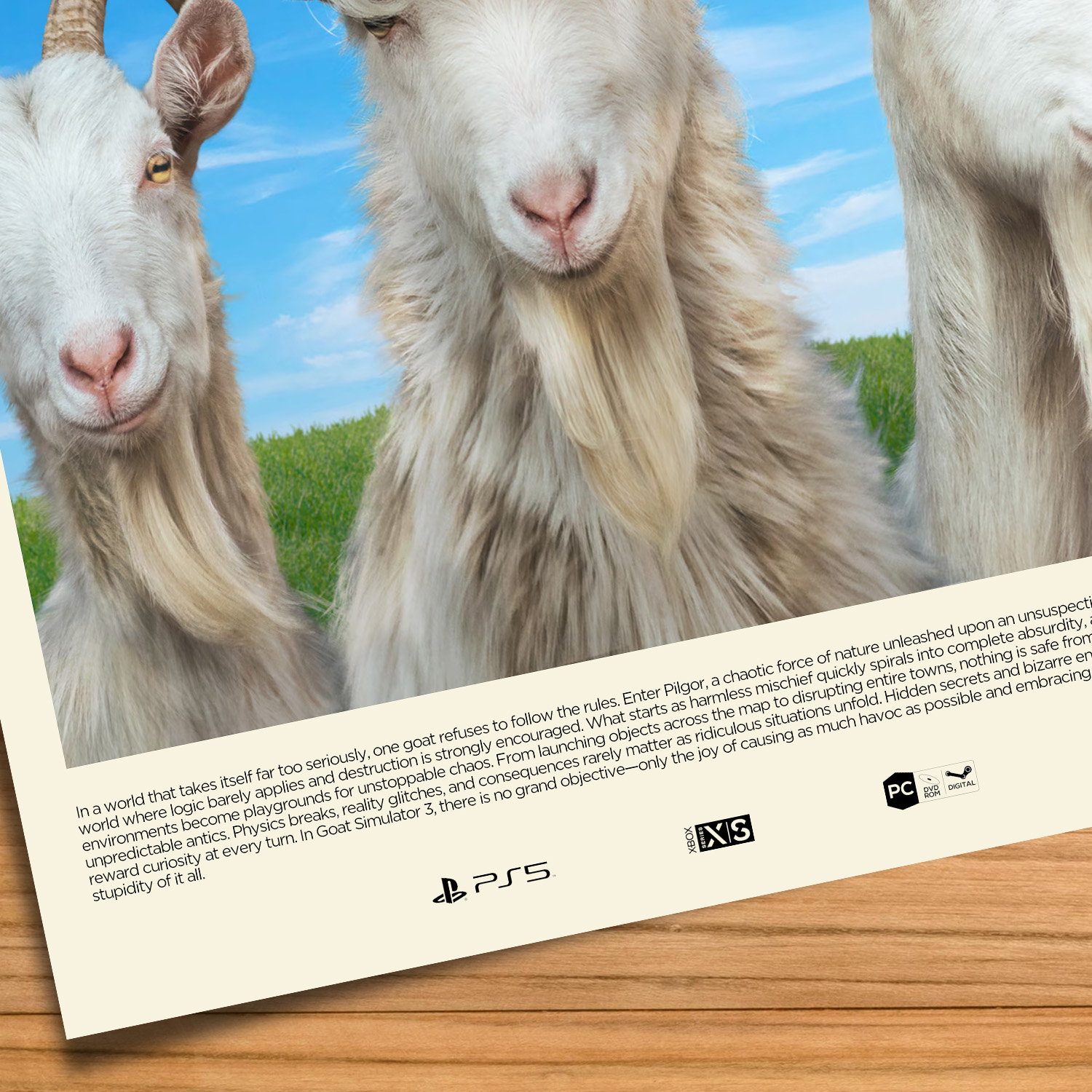 Minimalist, gallery-style Goat Simulator 3 poster on a wood table background