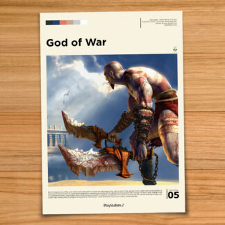 Minimalist, gallery-style God of War poster on a wood table background