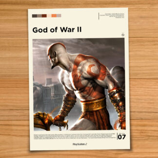 Minimalist, gallery-style God of War 2 poster on a wood table background